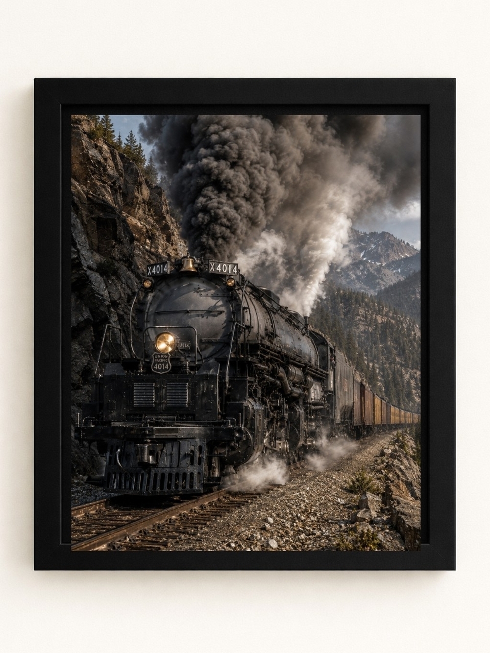Framed Black Steam Locomotive A.I. Art Print. 8x10 Frame